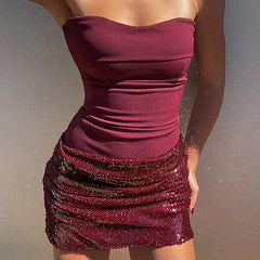 Maroon strapless dress with a sequined skirt
