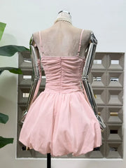 Spaghetti Strap Beaded Bust Ruched Waist Puff Hem Corset Mini Dress