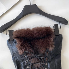 Faux Fur Leather Lace Up Strapless Smocked Crop Top