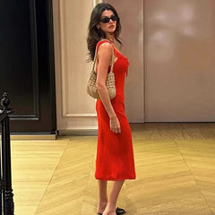 Red Lace Up Sling Midi Dress