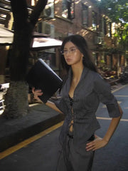 Striped Half Sleeve Lace Up Shirt