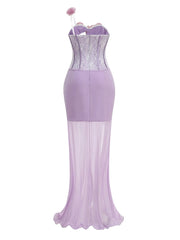 Purple 3d Flower Strapless Slit Cut Out Mesh Maxi Dress