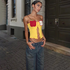 Fruit Embroidery Split Crop Top - Sweet Backless Cami