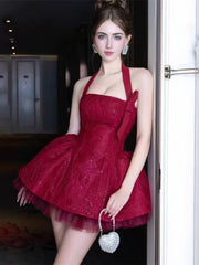 Red Jacquard Puffy Halter Mini Dress