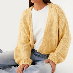 Knitted Short Lantern Sleeve Open Front Cardigan