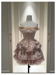 Pink Lace Up Strapless Bow Pearl Desgin Tiered Mini Dress