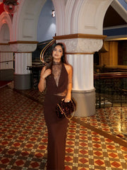 Brown Lace Hollow Out Cowl Maxi Dress