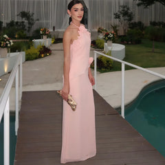Pink Halter 3D Flower Ruffle Maxi Dress