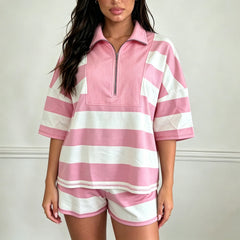 Striped Half Zip Short Sleeve Top and Shorts Loungewear Set