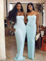 Blue Ribbed knit Strapless Long Dress