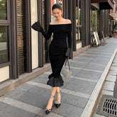 Black Off Shoulder Knitted Long Mermaid Fishtail Dress