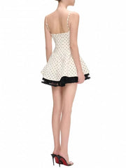 White Polka Dot Square Collar Lace Edge Mini Dress