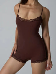 Lace Trim Elasticity Adjustable Strap Lounge Onesie