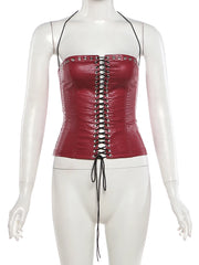 PU Leather Lace Up Corset Strapless Top And Shorts Set