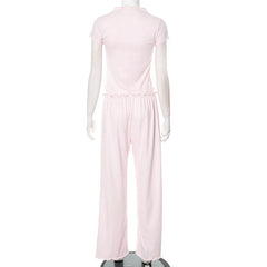 Pink Short Sleeve Top And Frill Trim Wide Pants Set