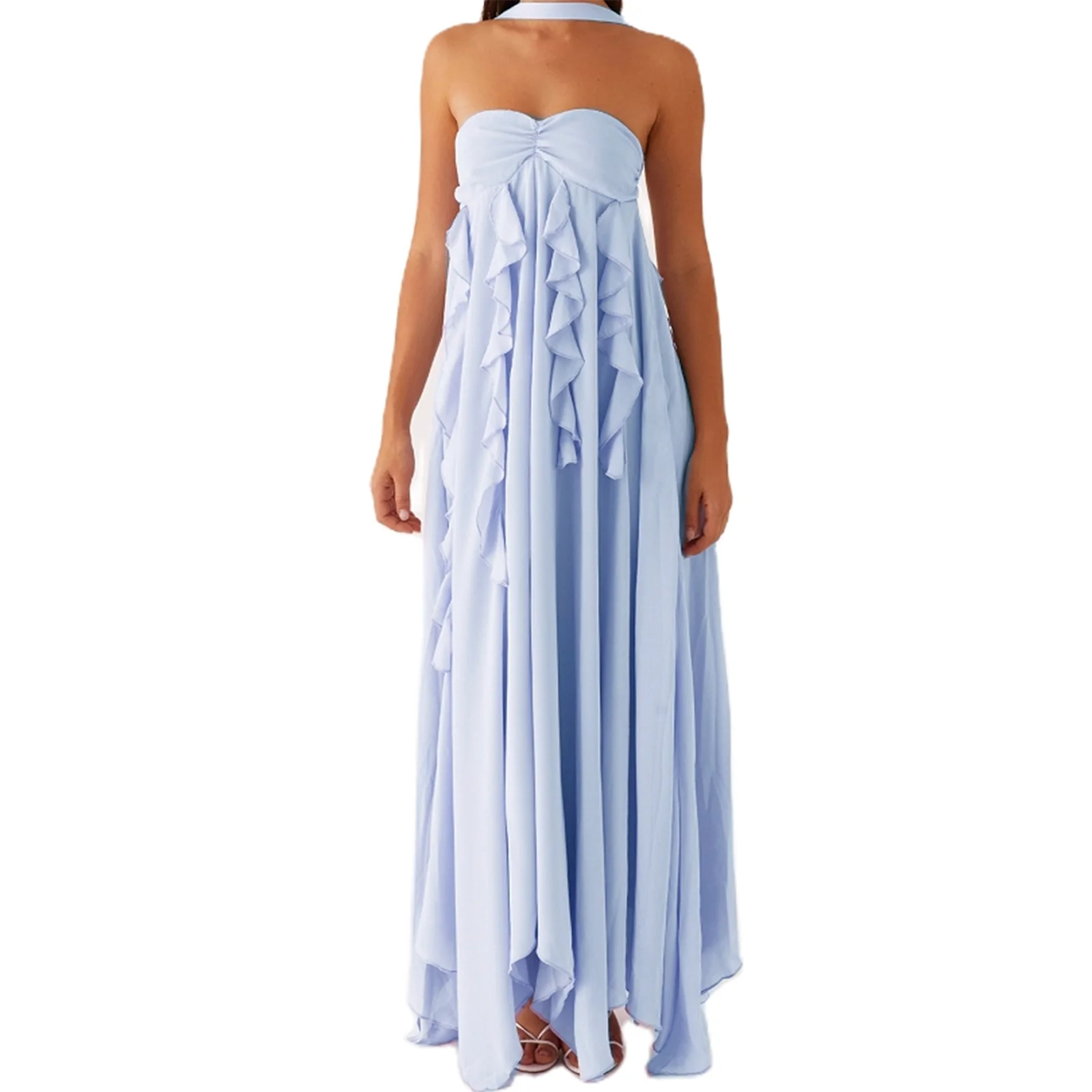 Women's ruffle trim sleeveless A-line long dress