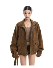 Faux Suede Stand Collar Zipper Jacket