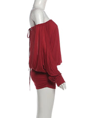 Off-Shoulder Long Sleeve Open Back Puff Mini Dress