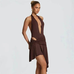 Deep V-Neck Halter Twisted Pleated Waist Irregular Hem Mini Dress