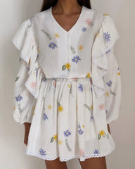 White Printed Ruffle Long Sleeve Shirt And Shorts Set
