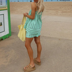 Striped Sleeveless Peplum Cami Top And Boxer Shorts Set