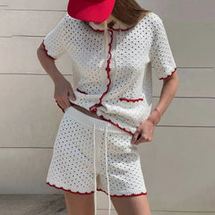 White Knitted Short Sleeve Top And Shorts Set