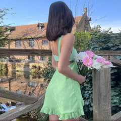 Green Mesh Spliced Mini Sling Dress