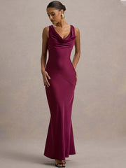 Satin Cowl Neck Backless Maxi Dress