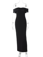 Black Off-shoulder Satin Buttoned Maxi Dress
