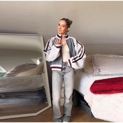 Striped Stand Collar Zip Sweater Jacket