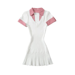 Short Sleeve Gingham Patchwork Knit Mini Dress