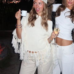 White Knit Poncho with Tassels Top