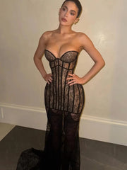 Black Lace Corset Sheer Removable Hem Maxi Dress