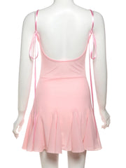 Pink Pleated Lace Tie Up Mini Dress