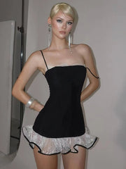 Black Frill Trim Strappy Mini Dress