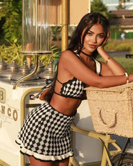Checkered Knit Bralette And Mini Skirt Set