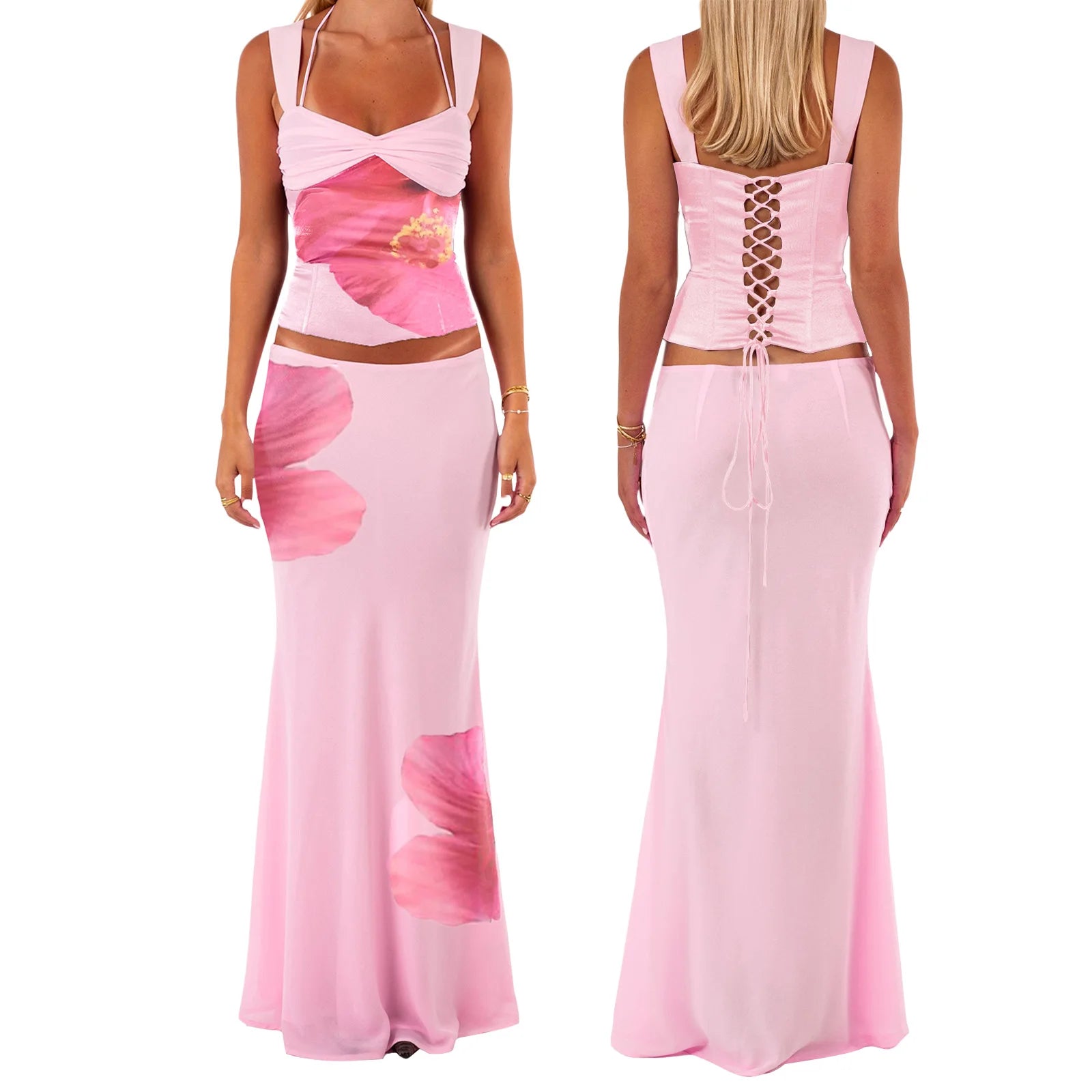 Women's floral lace-up corset crop top and matching mermaid long skirt set.