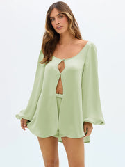 Long Sleeve Slit Blouse And Shorts Matching Set