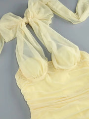 Yellow Halter Tie Up Ruched Mesh Maxi Dress
