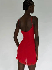 Red Spaghetti Strap Tassel Hem Mini Dress