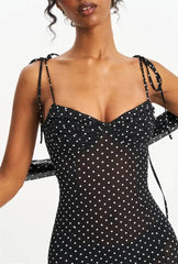 Black Polka Dot Sweetheart Neck Spaghetti Strap Scarf Maxi Dress