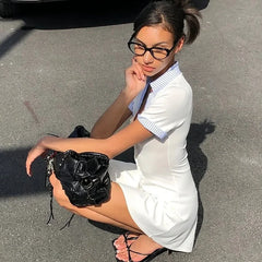 Knit Buttoned Collar Short Sleeve Mini Dress