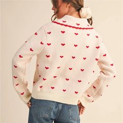 Heart Print Doll Collared Knitted Cardigan