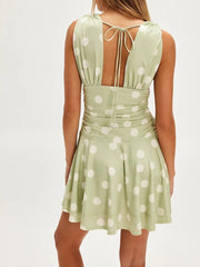 Polka Dot Ruched Deep V Neck Mini Dress