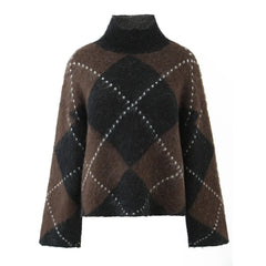 Brown Plaid Turtleneck Sweater And Knit Skirt Set
