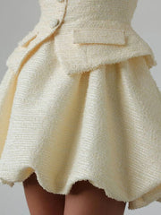 Beige Tweed Short Sleeve Top And Puff Mini Skirt Set