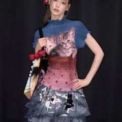 Cat Printed High Collar Ruffled Hem Short Sleeve Top