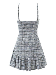 Grey Tweed Strap Frill Pleared Mini Dress