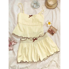Yellow Ruffle Trim Cami Top And Shorts Set
