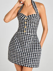 Black Plaid Tweed Halter Dress